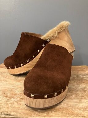 Women's Brown Suede Fur-Trim Clog Mules